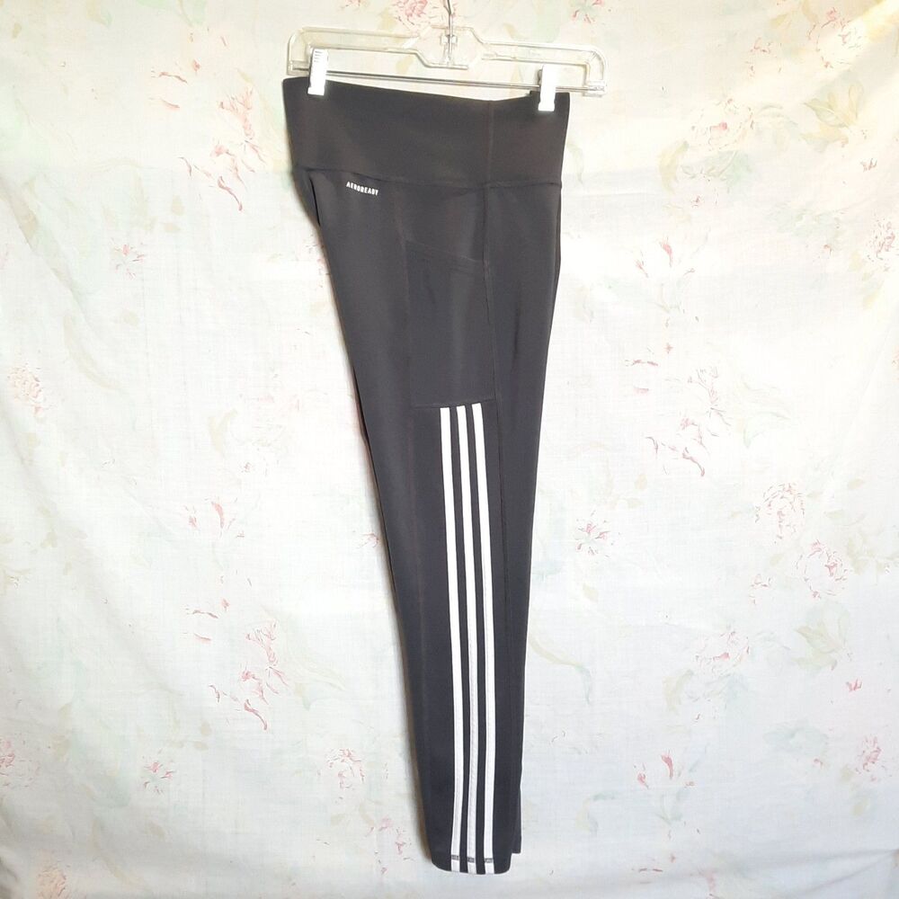 Adidas AEROREADY 7/8 Length Leggings  Gray White 3 Stripe Pocket Stretch M - Picture 7 of 9